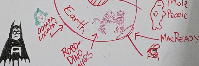 A cartoon drawing of the Earth on a whiteboard showing the location ot Oompa Loopa, mole people, and robo/dino war fossils. | Un dessin animé de la Terre sur un tableau blanc, montrant l'emplacement des Oompa Loopa, des hommes-mouches, et des fossiles de la guerre entre les robots et les dinosaures.